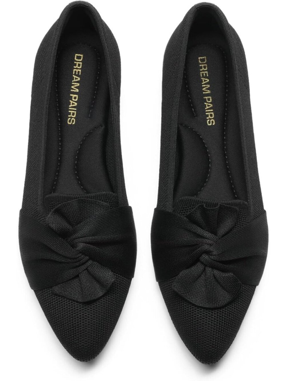 Women's Black Comfortable Pointed Toe Knit Ballet Flats with Bow Foldable Shoes